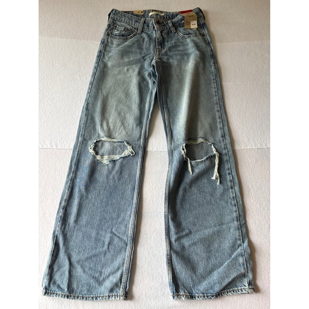 Levis Superlow Straight Leg Jeans 25x32 Light Wash Distressed Blue Denim NWT